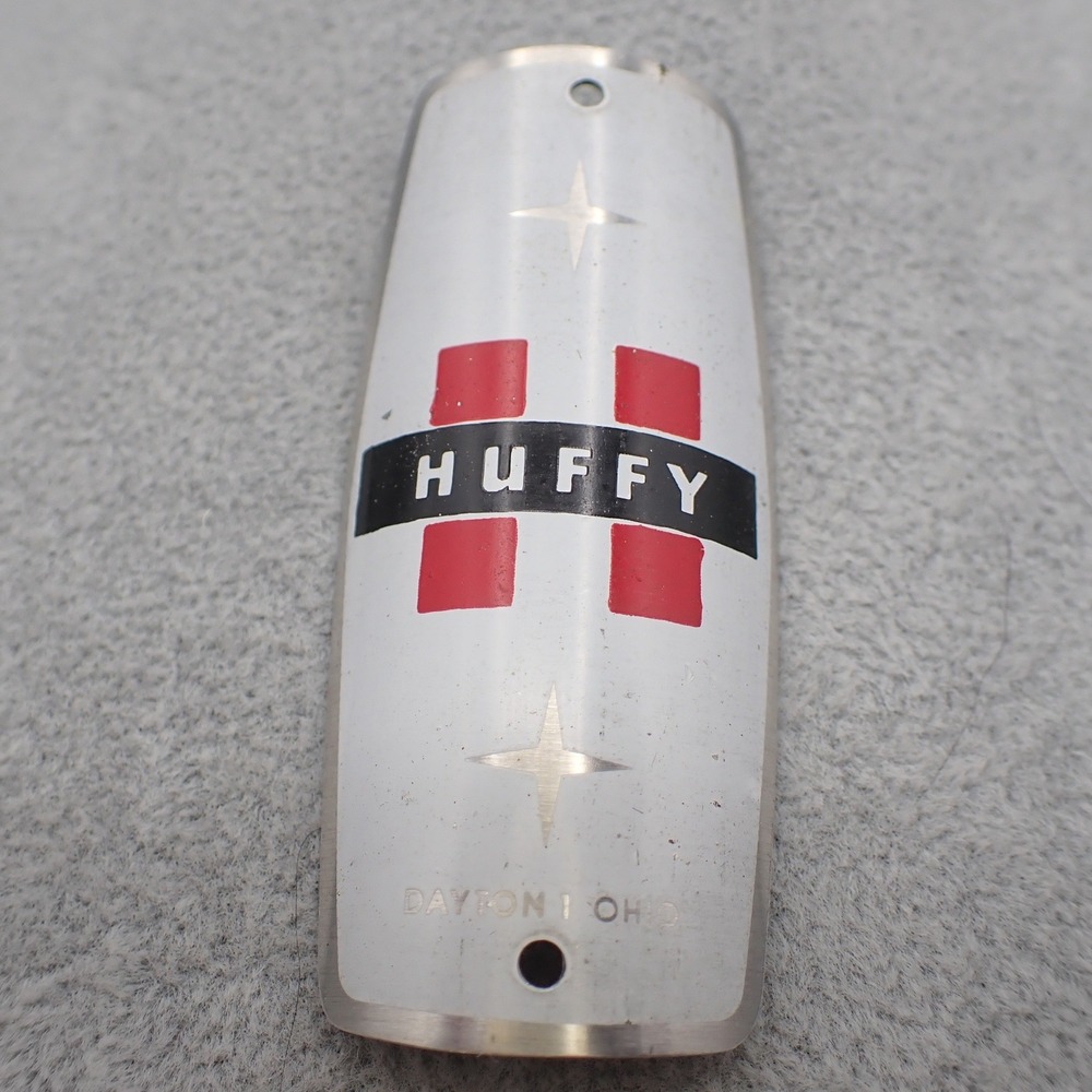 Huffy Bicycle Head Badge Metal Emblem Dayton Ohio Red White Black Logo VTG READ